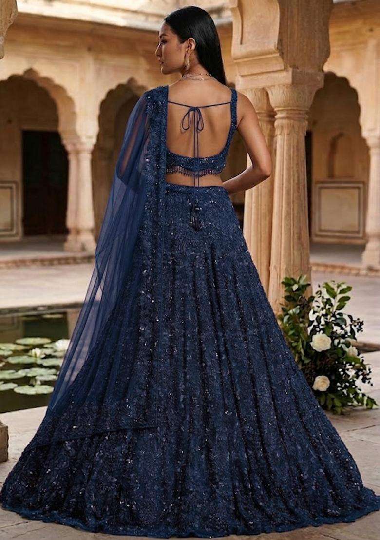 Navy Blue Embroidered Bridal Lehenga Set - Indya