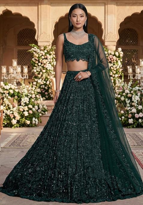 Emerald Green Embroidered Bridal Lehenga Set — view on Indya