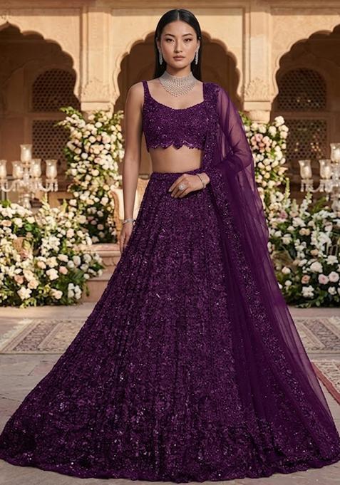 Deep Purple Embroidered Bridal Lehenga Set — view on Indya
