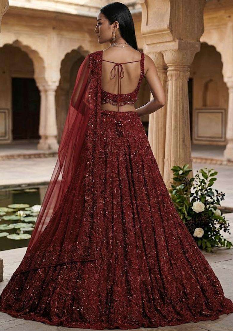 Maroon  Embroidered Bridal Lehenga Set - Indya