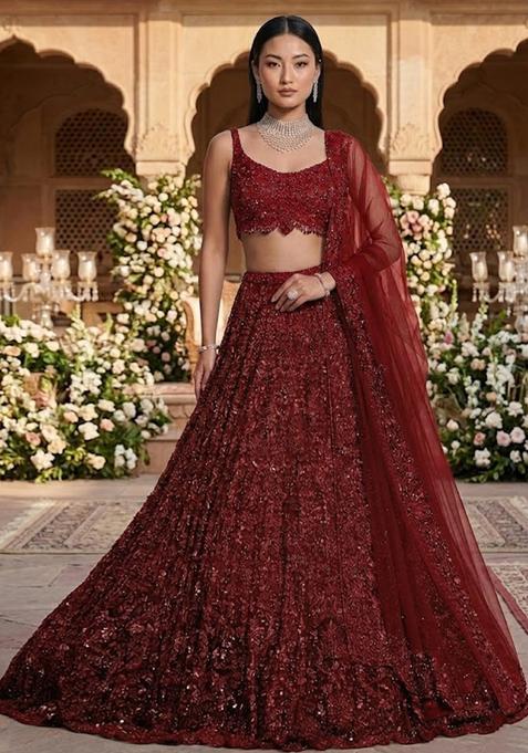 Maroon Embroidered Bridal Lehenga Set — view on Indya