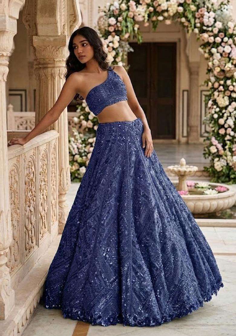 Steel Blue Sequin Bridal Lehenga Set - Indya