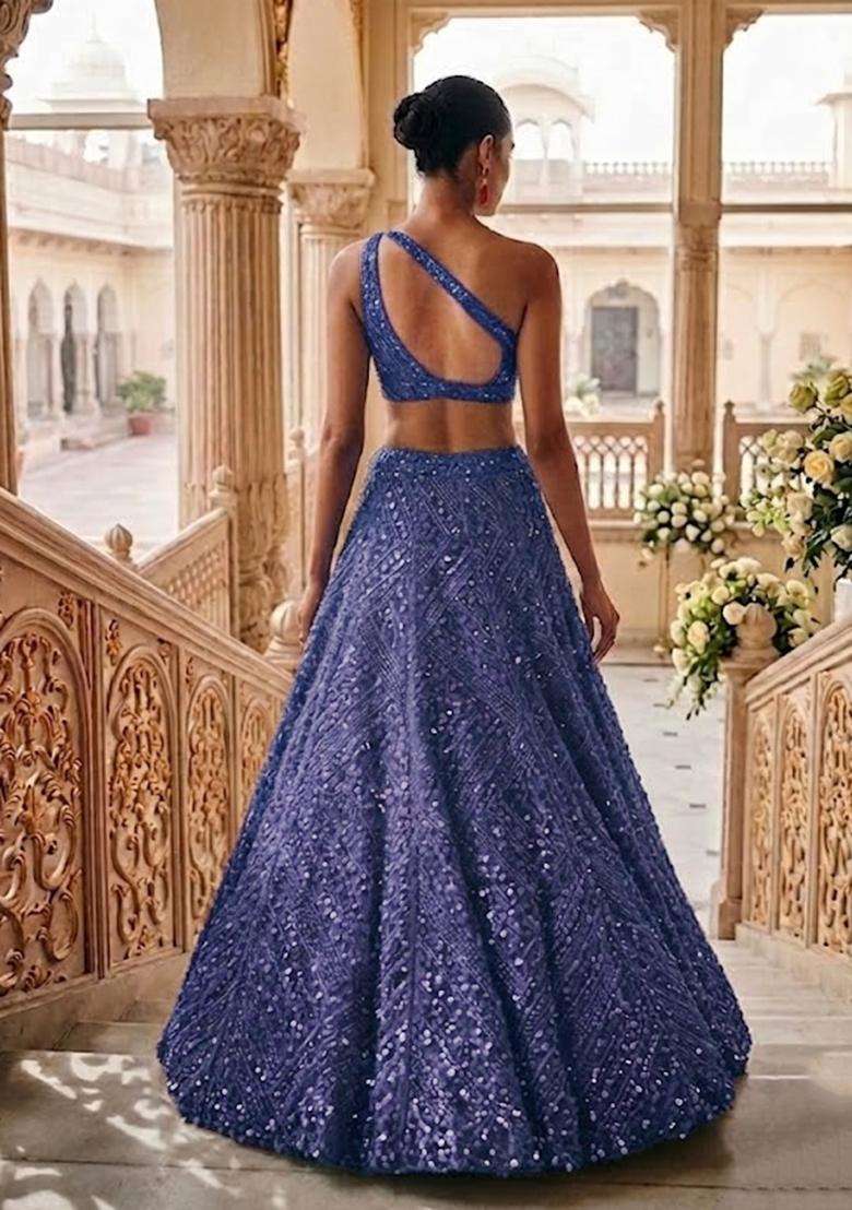 Steel Blue Sequin Bridal Lehenga Set - Indya