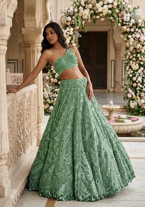 Emerald Green Sequin Bridal Lehenga Set — view on Indya