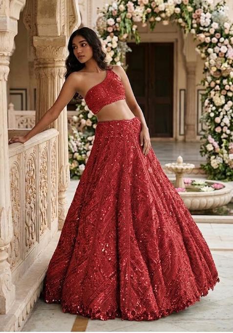 Maroon Sequin Bridal Lehenga Set — view on Indya