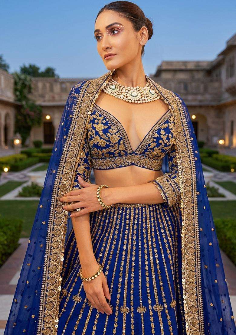 Royal Blue Embroidered Bridal Lehenga Set - Indya