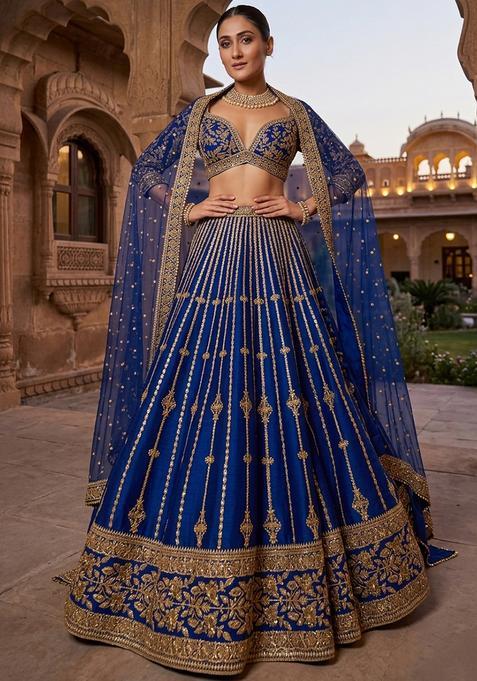 Royal Blue Embroidered Bridal Lehenga Set — view on Indya