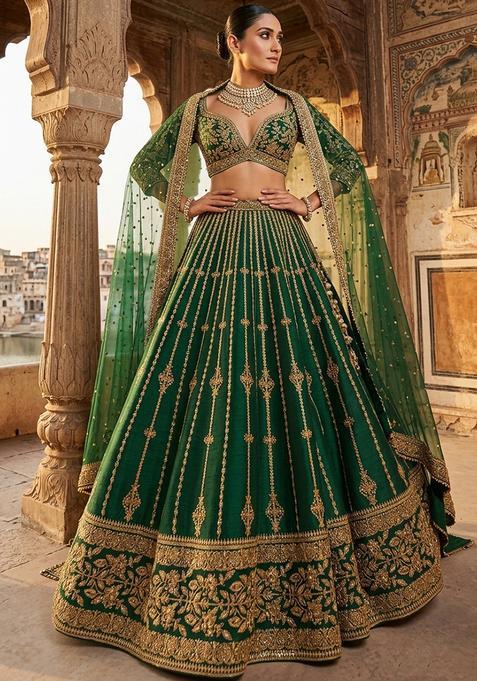 Emerald Green Embroidered Bridal Lehenga Set — view on Indya