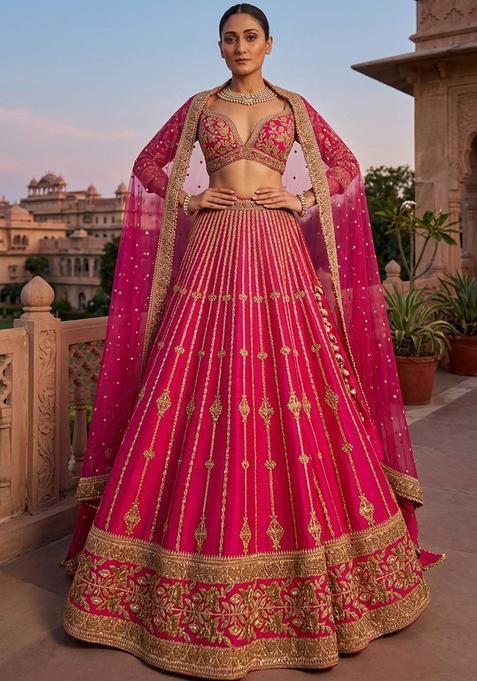 Rani Pink Embroidered Bridal Lehenga Set — view on Indya