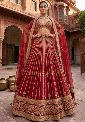 Maroon Red  Embroidered Bridal Lehenga Set