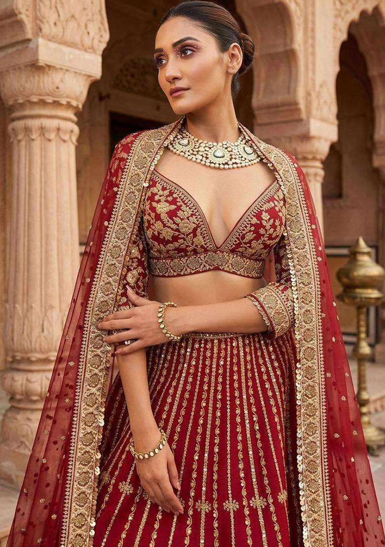 Maroon Red  Embroidered Bridal Lehenga Set - Indya