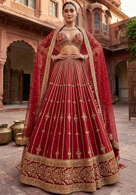 Maroon Red Embroidered Bridal Lehenga Set — view on Indya