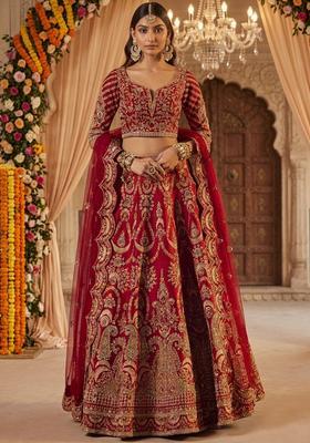Dark Red Embroidered Bridal Lehenga Set