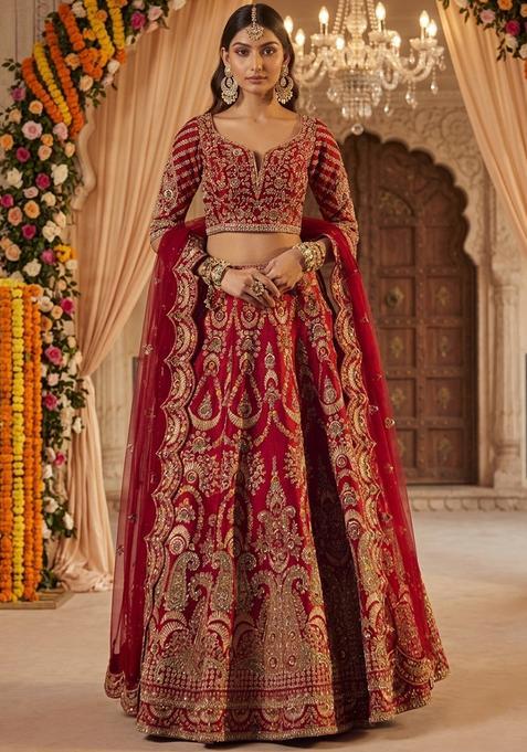 Dark Red Embroidered Bridal Lehenga Set — view on Indya