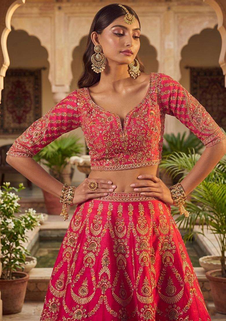 Pink Embroidered Bridal Lehenga Set - Indya