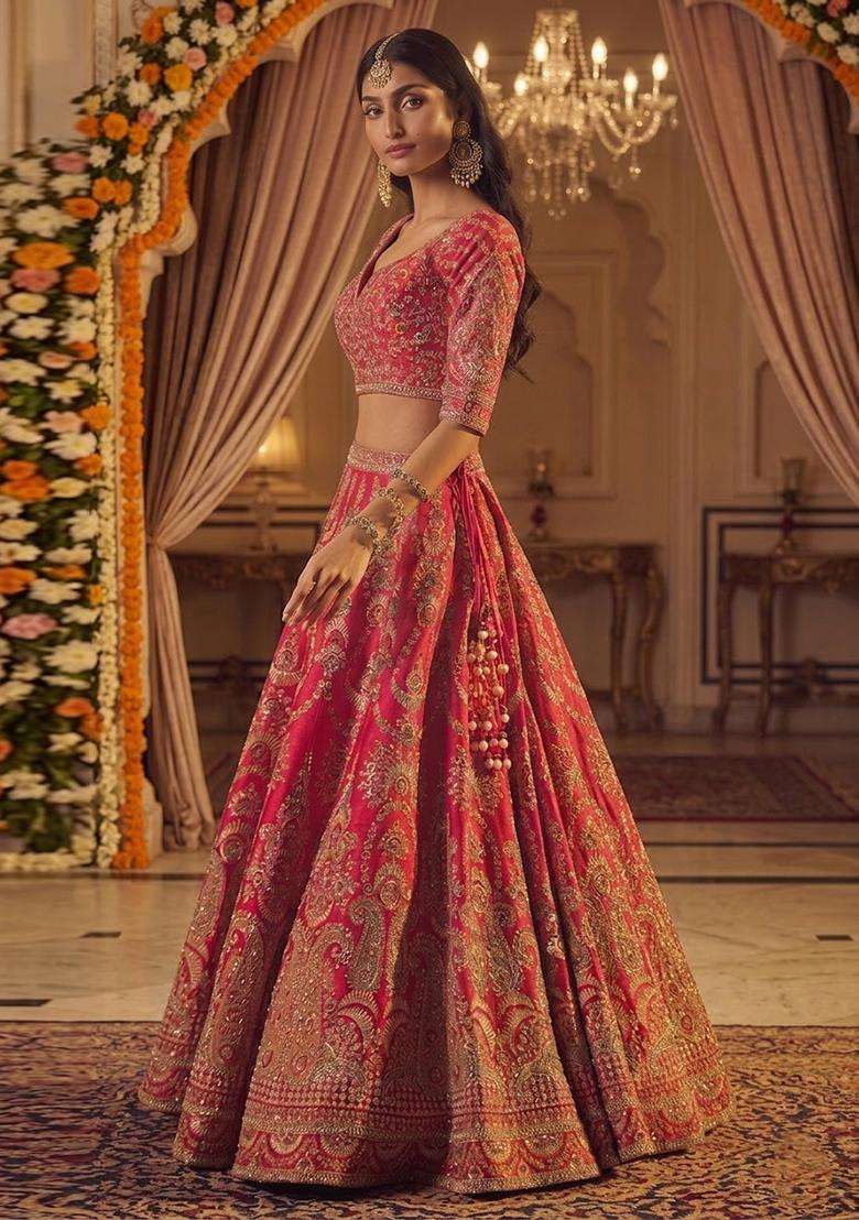 Pink Embroidered Bridal Lehenga Set - Indya