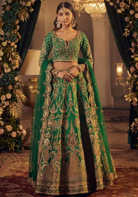 Emerald Green Embroidered Bridal Lehenga Set — view on Indya