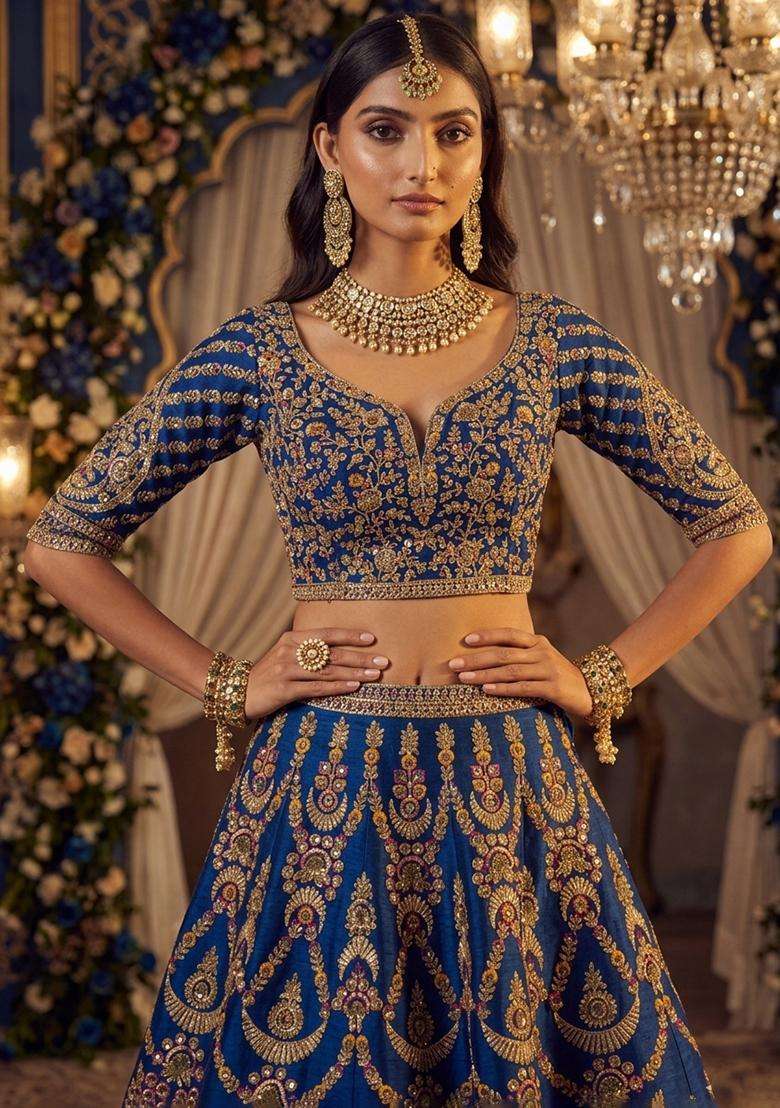 Royal Blue  Embroidered Bridal Lehenga Set - Indya