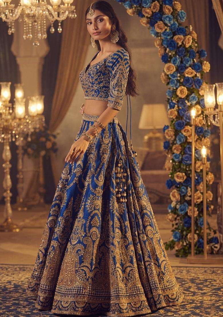 Royal Blue  Embroidered Bridal Lehenga Set - Indya