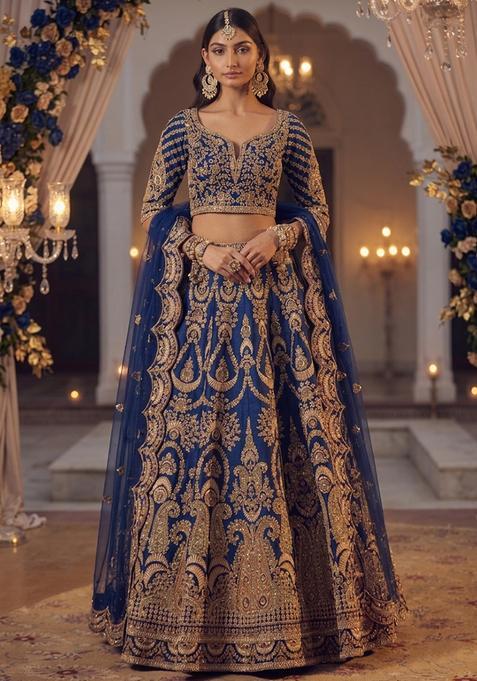 Royal Blue Embroidered Bridal Lehenga Set — view on Indya