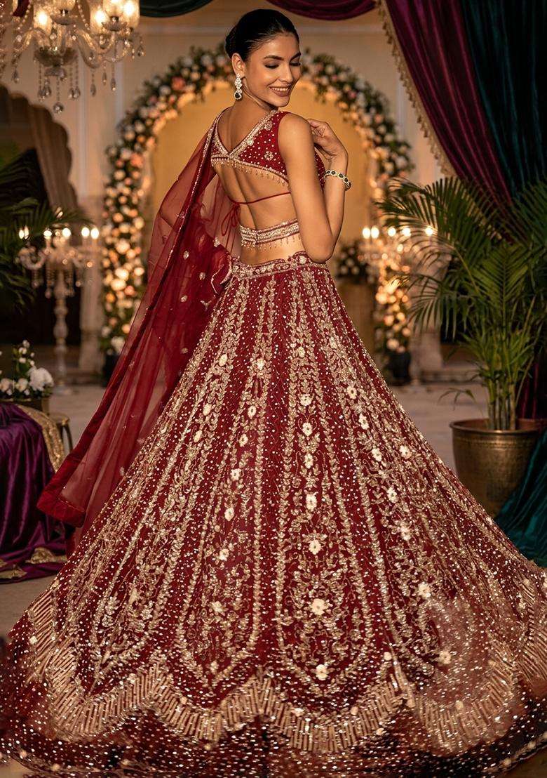 Deep Maroon Embellished Bridal Lehenga Set - Indya