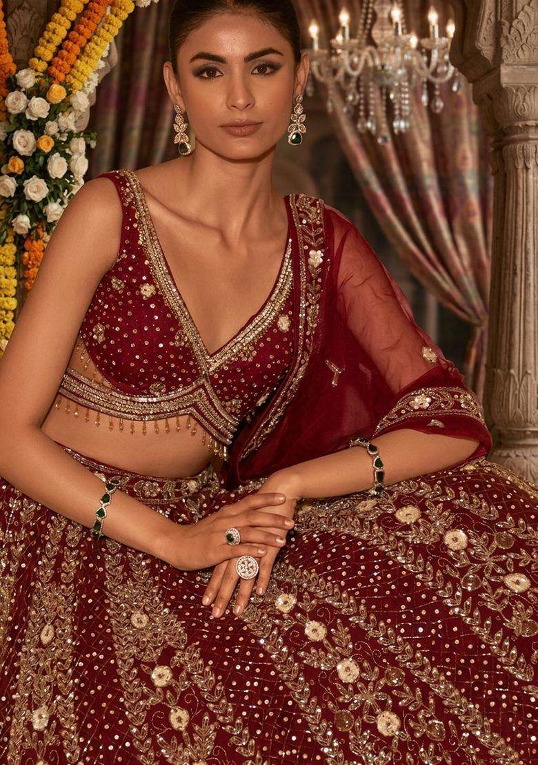 Deep Maroon Embellished Bridal Lehenga Set - Indya