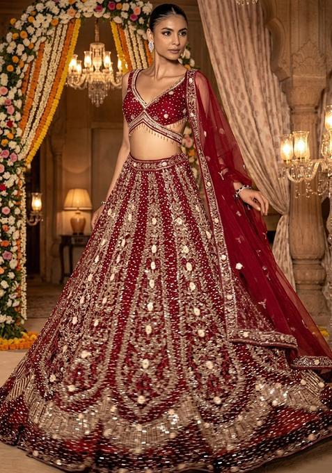 Deep Maroon Embellished Bridal Lehenga Set — view on Indya