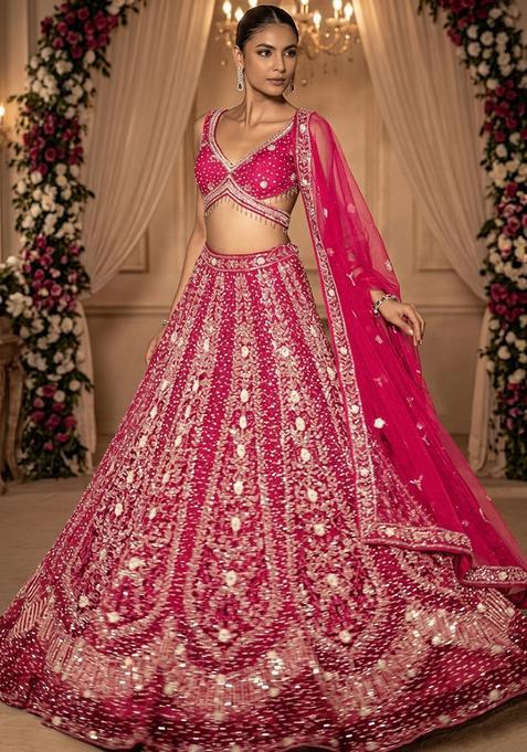 Fuchsia Pink Embellished Bridal Lehenga Set — view on Indya