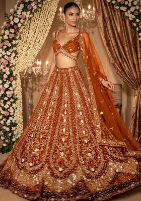 Rust Orange  Embellished Bridal Lehenga Set
