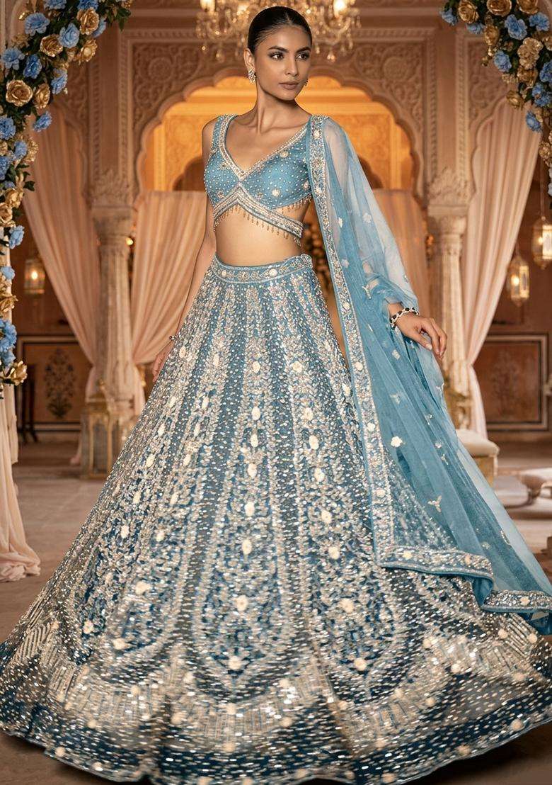 Sky Blue  Embellished Bridal Lehenga Set - Indya