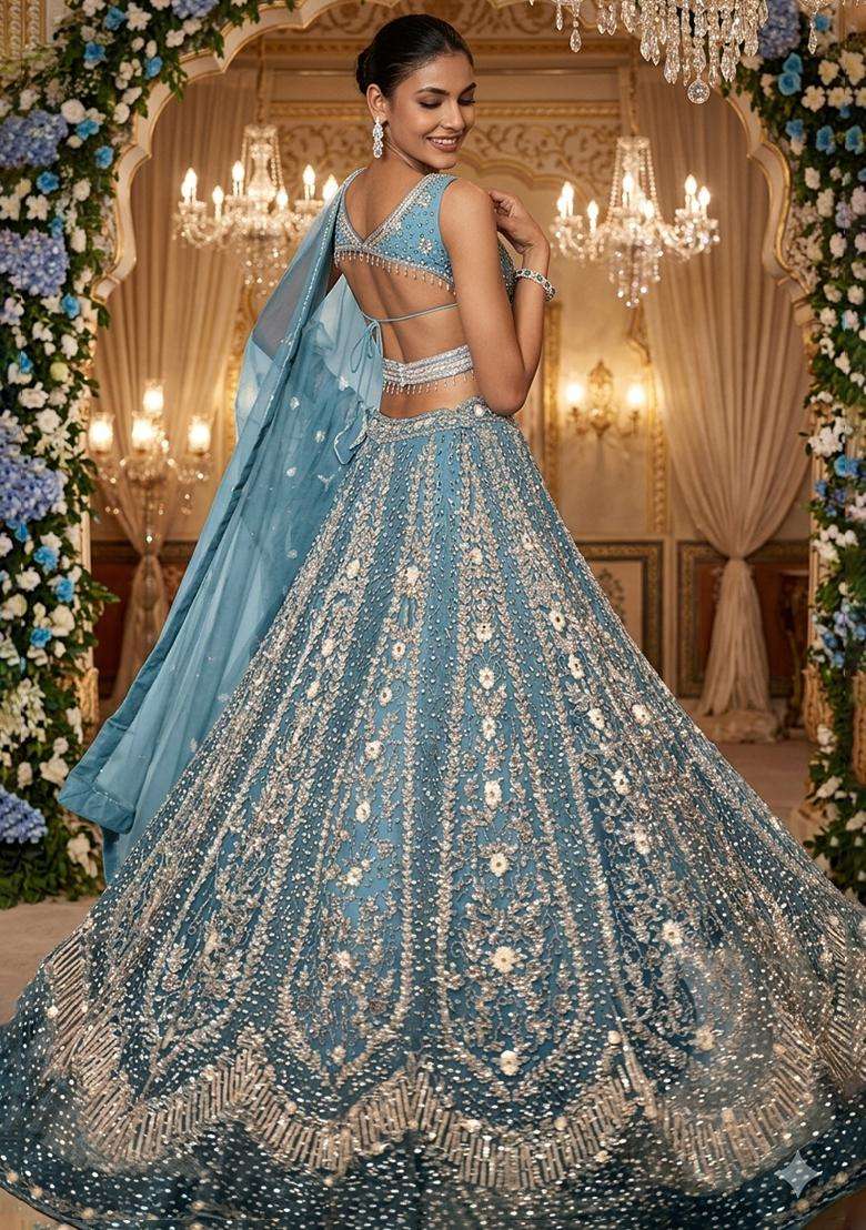 Sky Blue  Embellished Bridal Lehenga Set - Indya