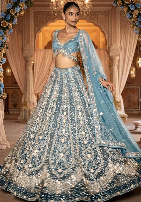 Sky Blue Embellished Bridal Lehenga Set — view on Indya