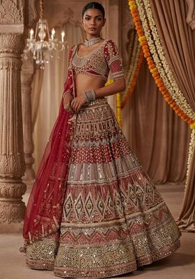 Dark Red Embroidered Bridal Lehenga Set
