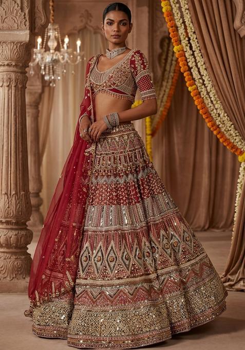 Dark Red Embroidered Bridal Lehenga Set — view on Indya