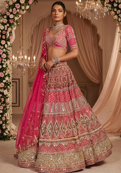 Rose Pink Embroidered Bridal Lehenga Set — view on Indya