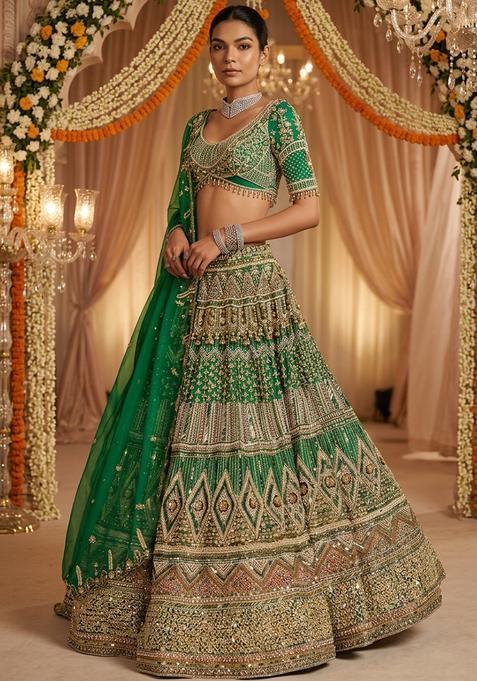 Emerald Green Embroidered Bridal Lehenga Set — view on Indya
