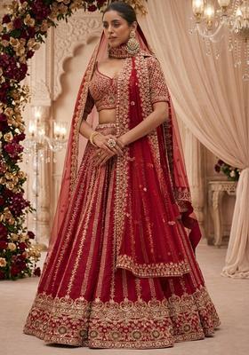Dark Red Embroidered Bridal Lehenga Set