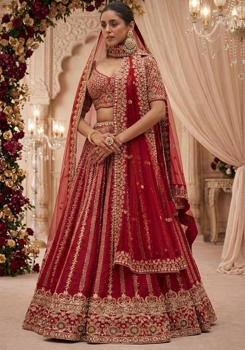 Dark Red Embroidered Bridal Lehenga Set — view on Indya