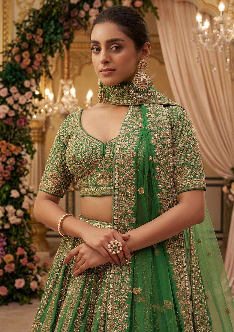 Green Embroidered Bridal Lehenga Set - Indya