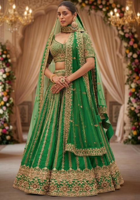 Green Embroidered Bridal Lehenga Set — view on Indya