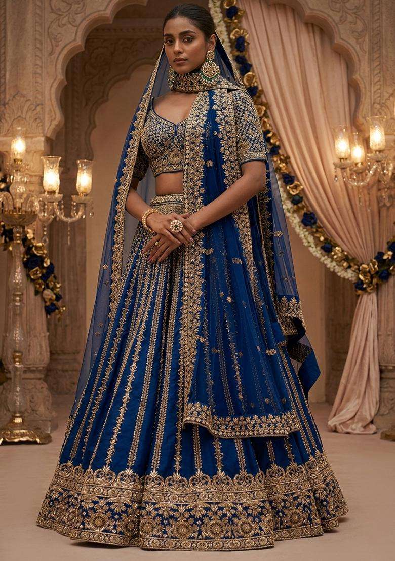 Royal Blue  Embroidered Bridal Lehenga Set - Indya