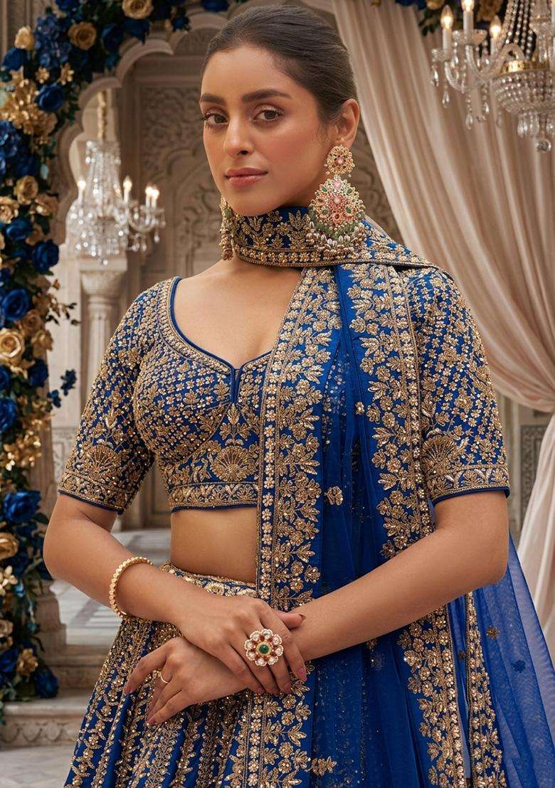 Royal Blue  Embroidered Bridal Lehenga Set - Indya