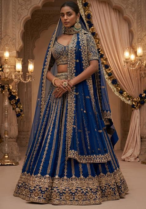 Royal Blue Embroidered Bridal Lehenga Set — view on Indya