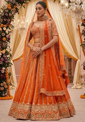 Rust Orange  Embroidered Bridal Lehenga Set