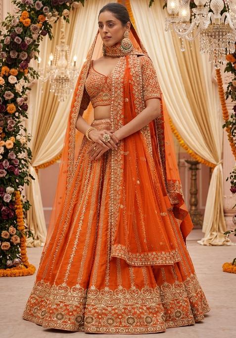 Rust Orange Embroidered Bridal Lehenga Set — view on Indya