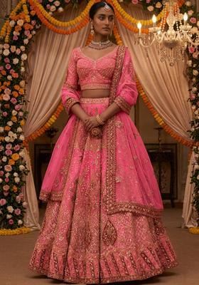 Hot Pink Embroidered Bridal Lehenga Set