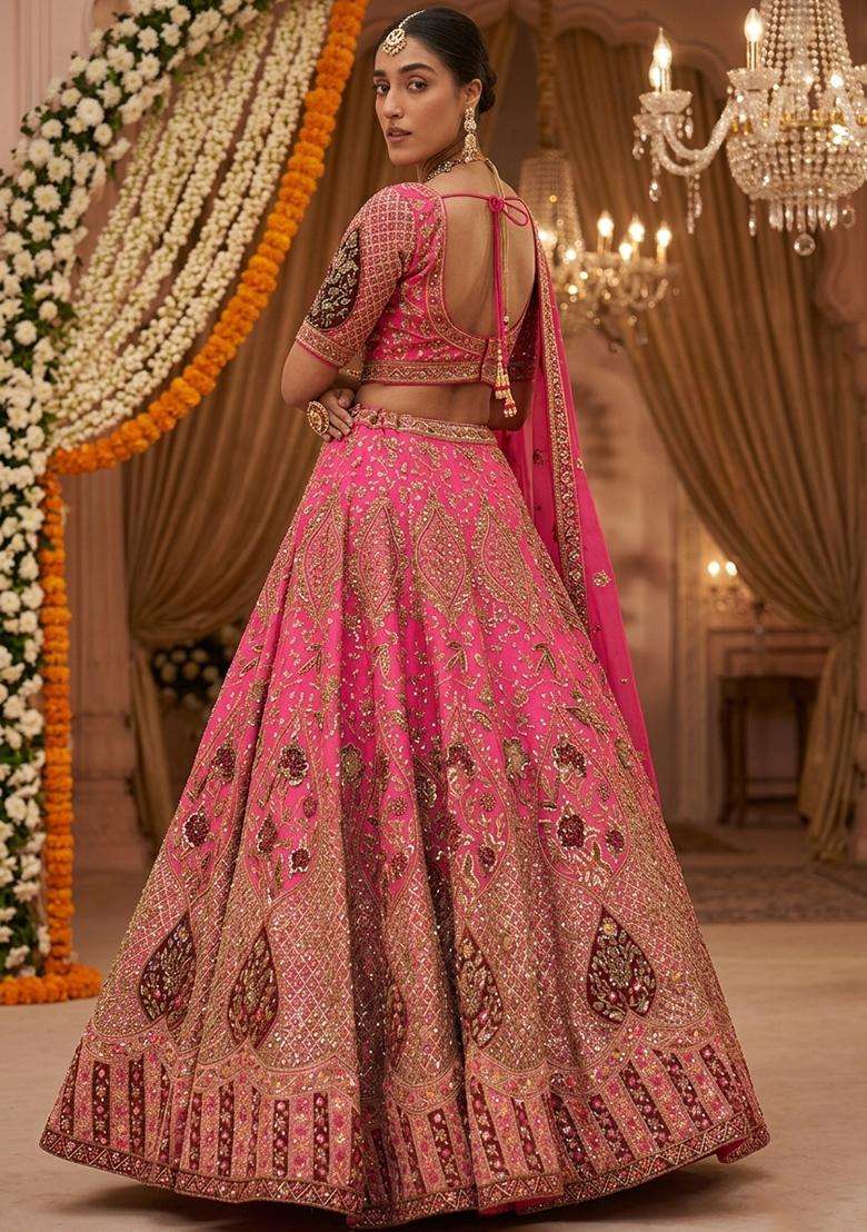 Hot Pink Embroidered Bridal Lehenga Set - Indya