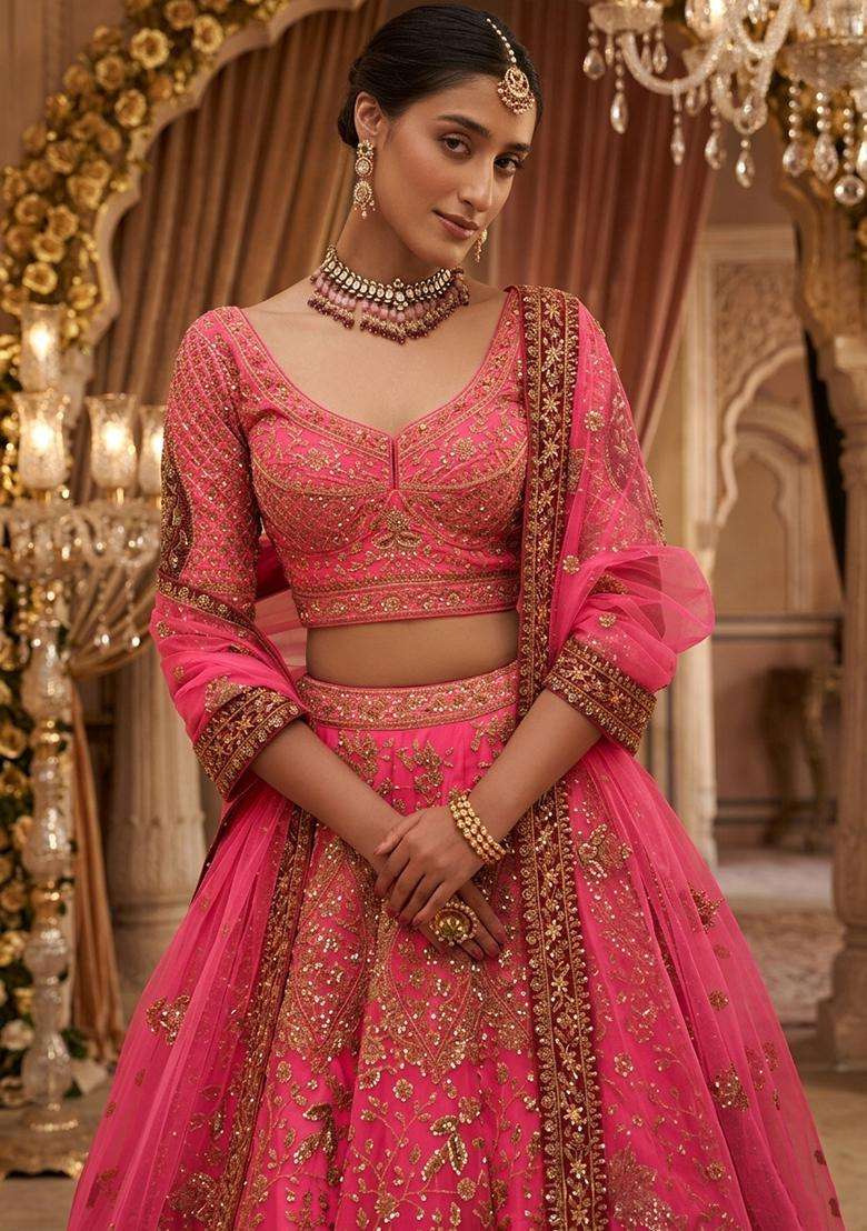Hot Pink Embroidered Bridal Lehenga Set - Indya