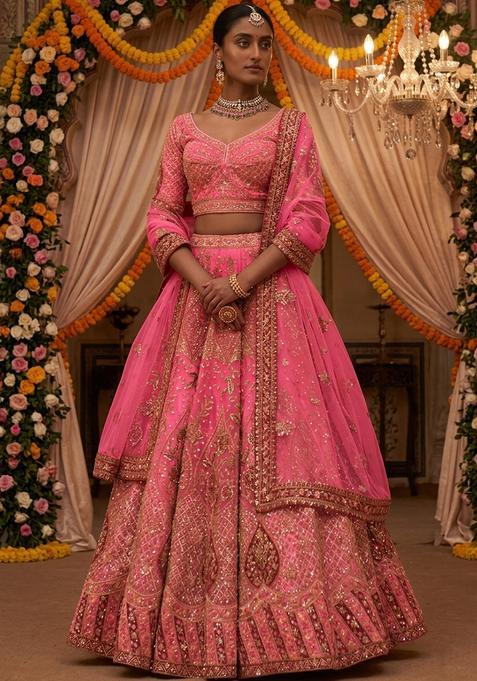 Hot Pink Embroidered Bridal Lehenga Set — view on Indya
