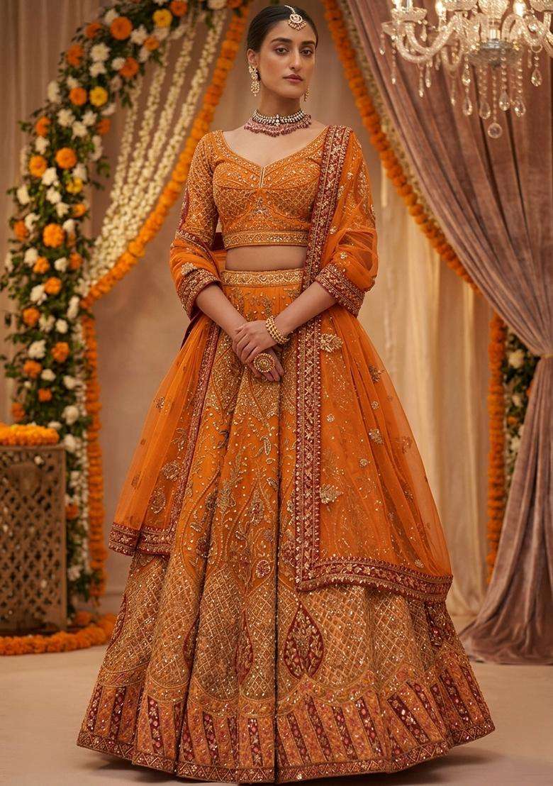 Marigold Orange  Embroidered Bridal Lehenga Set - Indya